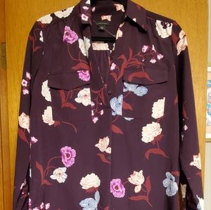 Ann Taylor Floral Long Sleeve V Neck Blouse